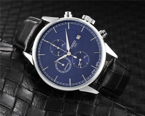

good quality tisso brand wrist watch for men multifunction calendar leather strap quartz watches all dials can work 1853 tt06, Slivery;brown