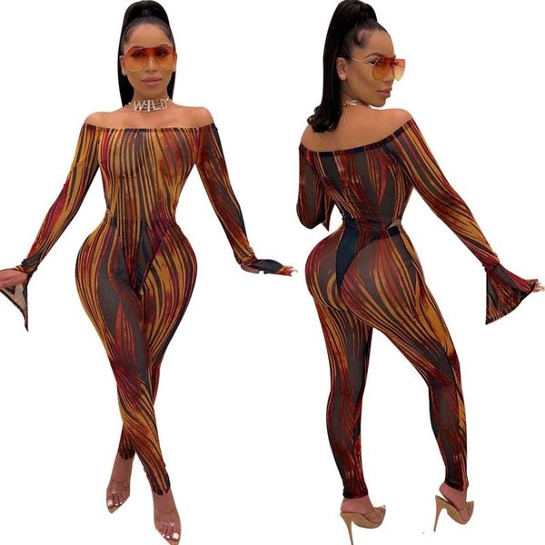 

2021 new see-through mesh 2 women stripe print two piece party off shoulder butterfly sleeve bodysuit and pants set eawf, White