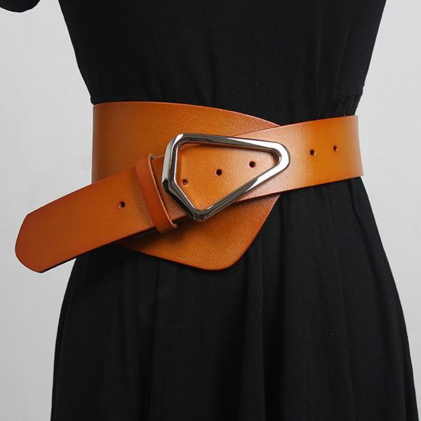 

belts [ewq] 2021 fashion novelty all-match asymmetrical adjustable waist cover women personally metal buckle paint leather belt 8y418, Black;brown