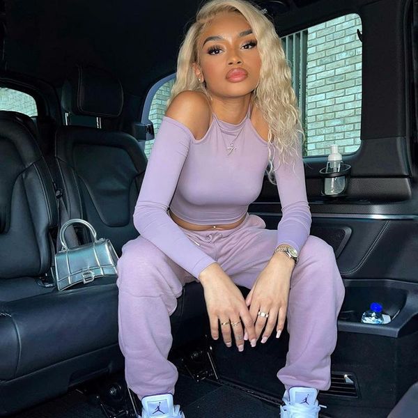 

women's two piece pants hovanch off shoulder solid color long sleeve + set 2021 autumn fashion sportswear, White