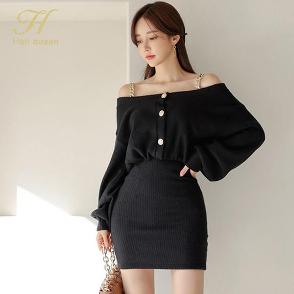 

casual dresses h han queen spring off the shoulder pencil sheath dress lady office bodycon vestidos korean party elegant simple, Black;gray