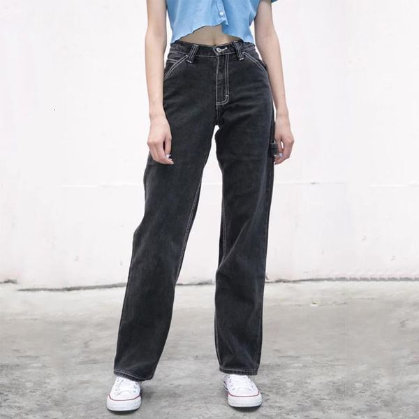 

2021 summer vintage boyfriend jeans for women mom high waist jeans casual wide leg black jeans korean denim pants streetwear, Blue