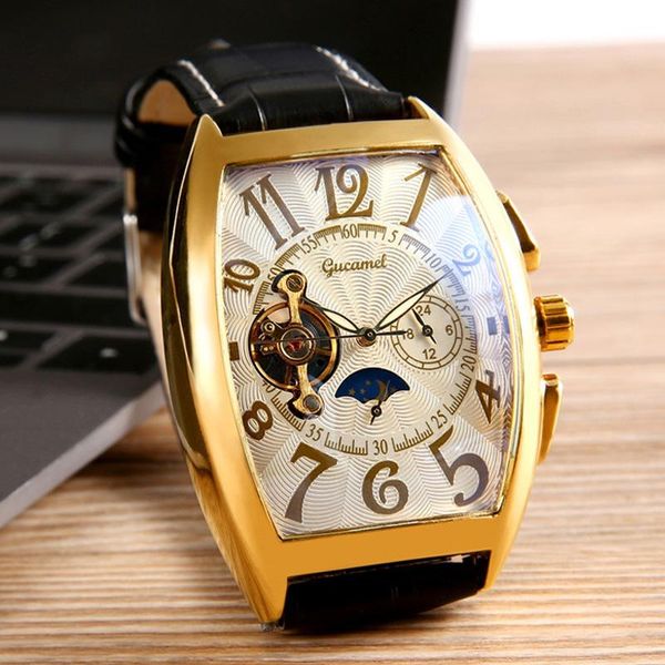 Orologi da polso che vendono orologio da uomo quadrato copia orologio meccanico automatico vuoto cinturino in pelle Tourbillon mano orologio da polso maschile regalo