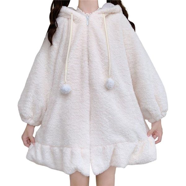 

women's vests women ears hooded lamb wool coat plush fluffy zipper long-sleeved solid color sweatshirt with/without pompons, Black;white
