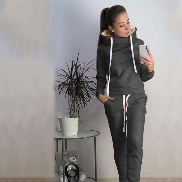 

2021 casual warm winter clothes two piece set women sport pullover solid sweatshirt hoodie tracksuit conjuntos de mujer feminino, Gray