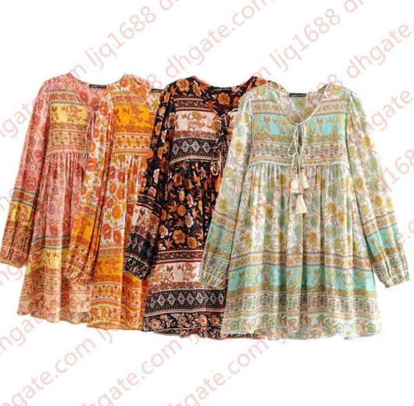 

women beach floral printed mini dress v neck long sleeve vintage bohemian dress spring summer 2020 new loose casual boho short dresses, Black;gray