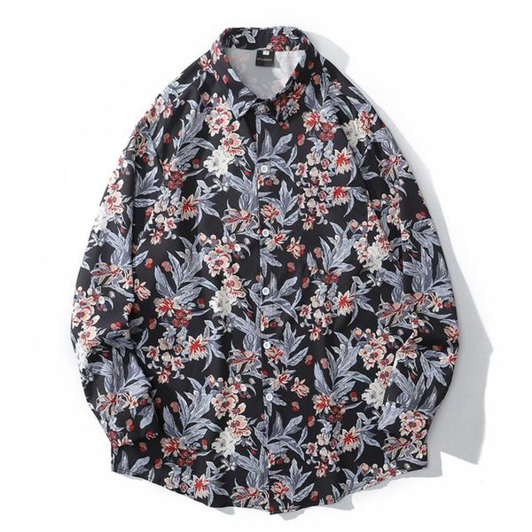 

men's casual shirts harajuku loose summer floral print blouse 2021 long sleeve oversize blusas shirt hawaiian beach style, White;black