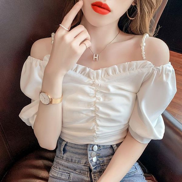 

women's blouses & shirts 2021 women spring summer casual solid shirt lady sweet slash neck puff sleeve off shoulder female vintage sho, White