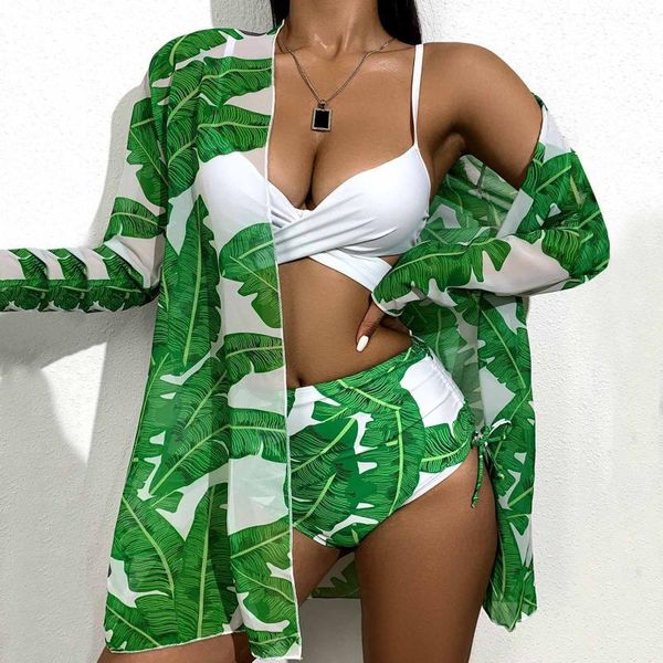 

women green feather long-sleeved sunscreen strappy split swimsuit