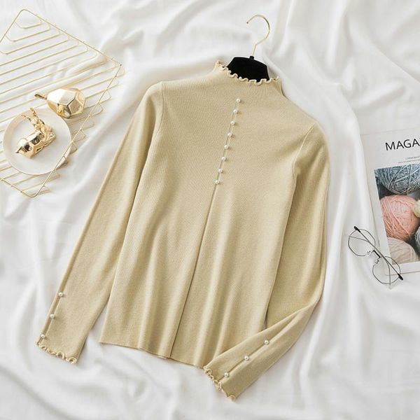 

women's sweaters bright silk mock neck women sweater pullover fall winter korean fashion pearls jumper woman slim long sleeve top, White;black