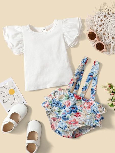 

baby girl layered ruffle trim & floral print pinafore shorts set she, White