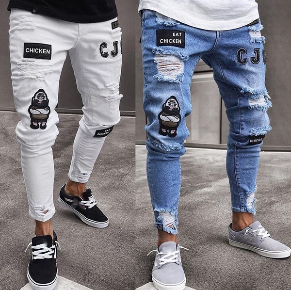 

mens designe jeans distressed motorcycle biker jeans rock skinny ripped hole stripe famous brand denim pants, Blue