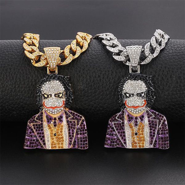 

pendant necklaces men hip hop clown cosplay pendants cuba chain full rhinestone fashion male rapper hiphop necklace jewelry gifts, Silver