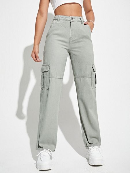

high waist flap pockets cargo jeans y7ph#, Blue