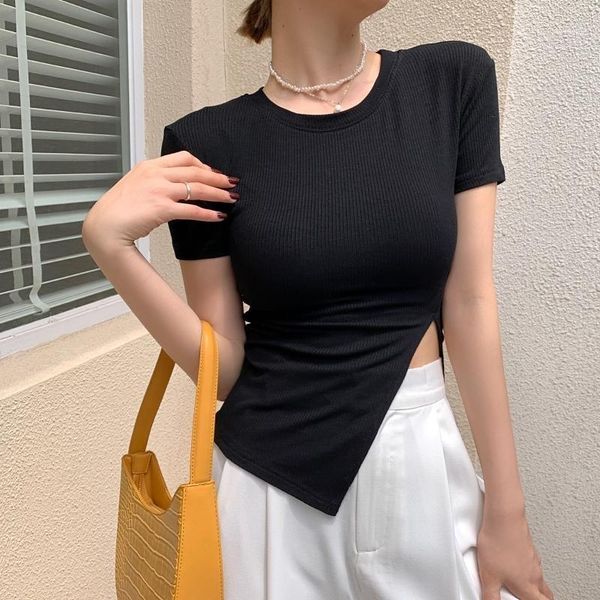 

women's t-shirt 2021summer elasticity ribbing bifurcation irregular short sleeve korean women o neck slim all-match, White