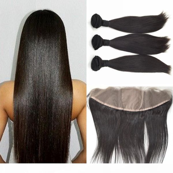 

brazilian straight silk base lace frontal closure with bundles virgin brazilian weave bundles with silk full lace frontal 13x4, Black
