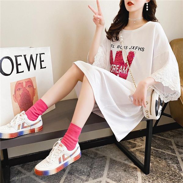 

new plus size women lace stitching oversized t-shirt women casual loose harajuku t-shirt printing long wild sweet women, White