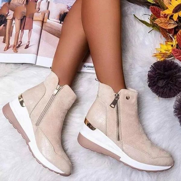 

women's shoes ankle boots casual solid color ladies platform ankle boots casual lightweight zipper shoes wedge women sneakers, Black