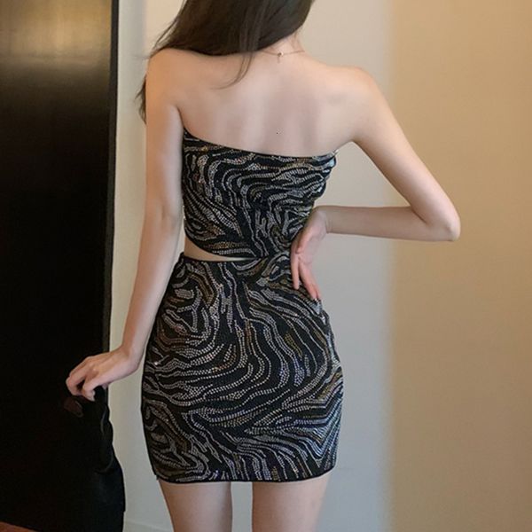 

2021 new spring summer 2 piece set chest wrap sleeveless high waist skirt shiny diamonds women chic european clothes suit s0d902a bamd, Black;gray