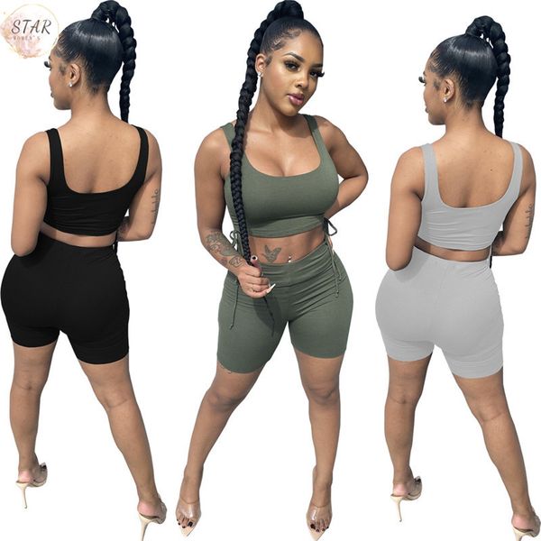 

2021 biker shorts sets two piece set women summer solid vest bandage and pants jogging suit new tracksuit wholesale dropshpping 7444, Gray