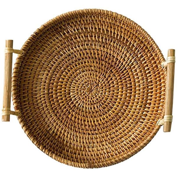 

storage baskets rattan bread basket round woven tea tray with handles for serving dinner parties coffee breakfast (8.7 inches)