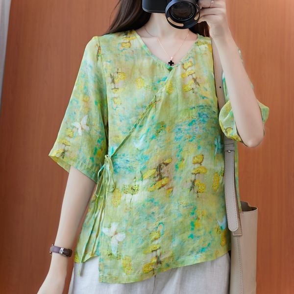 

cheongsam women 2021 new summer vintage cotton qipao shirts print ethnic literary blouse chinese style clothing women 12334, Red