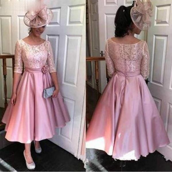 Abiti da sera rosa vintage con 1/2 maniche mezzo maniche in pizzo una linea Lunghezza tè Fiori fatti a mano Abito da ballo Abito da festa formale Vestido 403 403