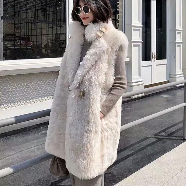 

women's vests d real wool vest women turn down collar long fur beige ladies loose natural clothingwool, Black;white
