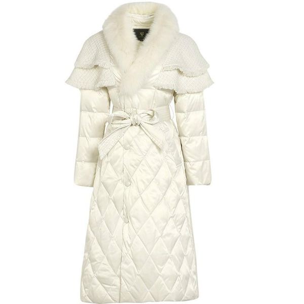 

hite duck down trench coat for women real fur collar 2021 winter new elegant lotus leaf shawl waist belt lady warm streetwear, Tan;black