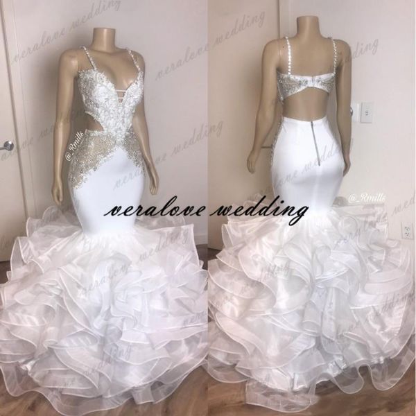 2021 White Organza Ruffles Prom Dresses With Applique Lace Spaghetti Straps Mermaid Evening Gowns Plus Size Party Gowns