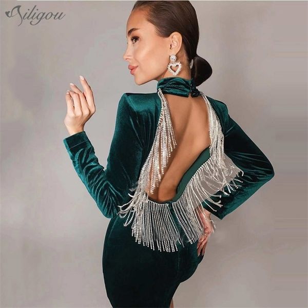 

summer women's velvet green dress open back tassel high neck tight mini celebrity party vestidos 210525, Black;gray