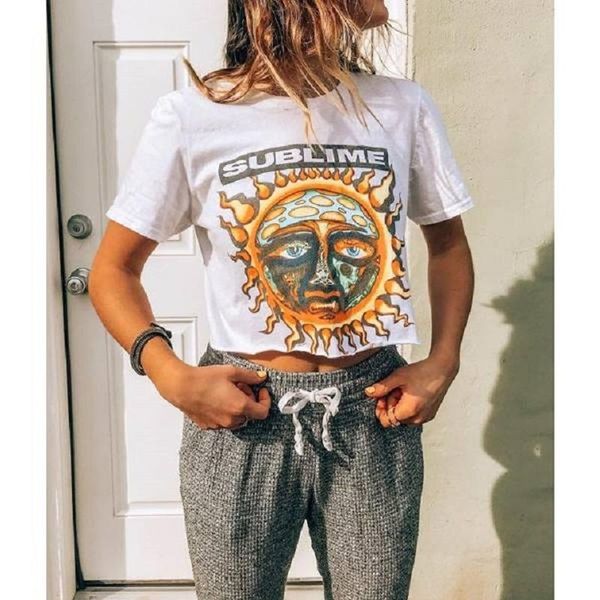 

women's t-shirt vintage white sun face print loose crop t shirt for women o neck short sleeve casual lady 2021summer plus size shir