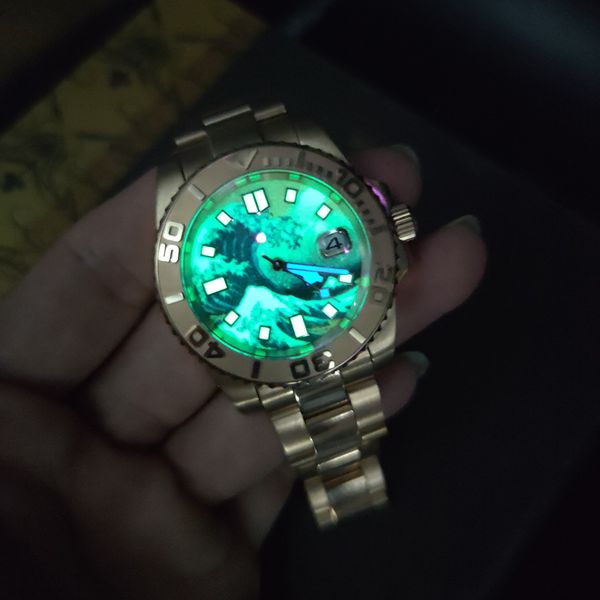 

dial luminous 40mm men's automatic stainless steel full gold submarine watch sapphire glass, Slivery;brown