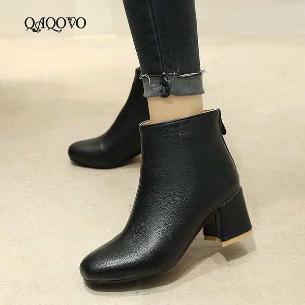 

boots women ankle comfort square high heel fashion toe zipper autumn winter female shoes black white beige