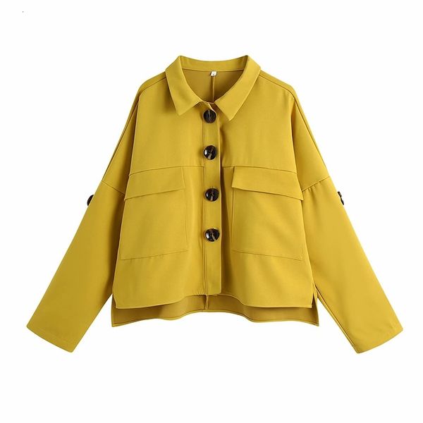 

women's jackets women fashion double pockets za yellow shirt oversize chic lady casual turn-down collar long sleeve loose outwear, Black;brown