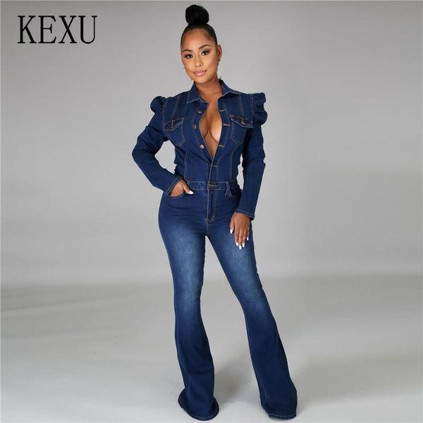 

women's jumpsuits & rompers kexu single buttons women long sleeve denim playsuit high waist pockets jean jumpsuit casual wide leg overa, Black;white