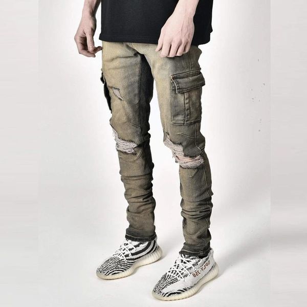 

men's jeans mens winter vintage straight pants 2022 fashion slim fit ripped men spring harajuku patch pocket design denim trousers, Blue