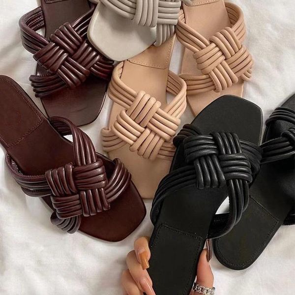 

slippers 2021 women's woven ladies outdoor summer beach flat female square toe solid slides casual shoes plus size, Black