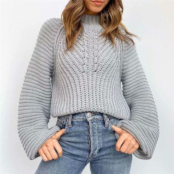 

2021 new lantern sleeve knitted pullover women loose round neck female autumn casual sweater jumper cefh, White;black