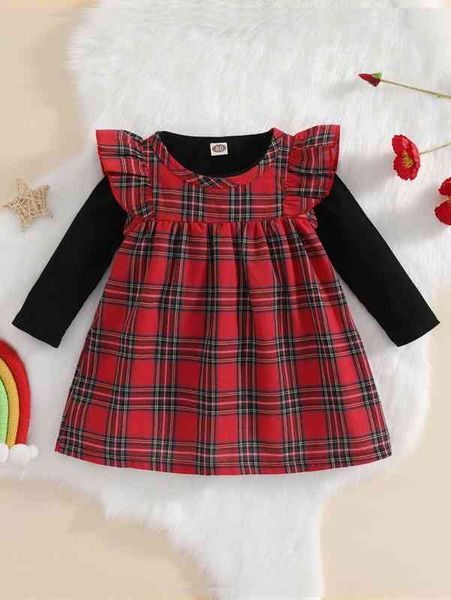 

baby solid tee & tartan print ruffle trim dress she, White