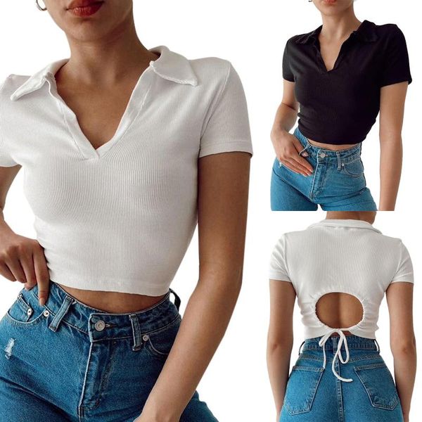 

women's t-shirt fashion women casual short sleeve solid color back drawstring streetwear crop tee, White