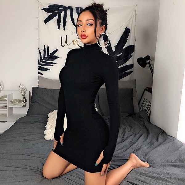

2021 autumn women long sleeve turtleneck bodycon mini dress club night party dress black white package hip skinny vestidos, Black;gray
