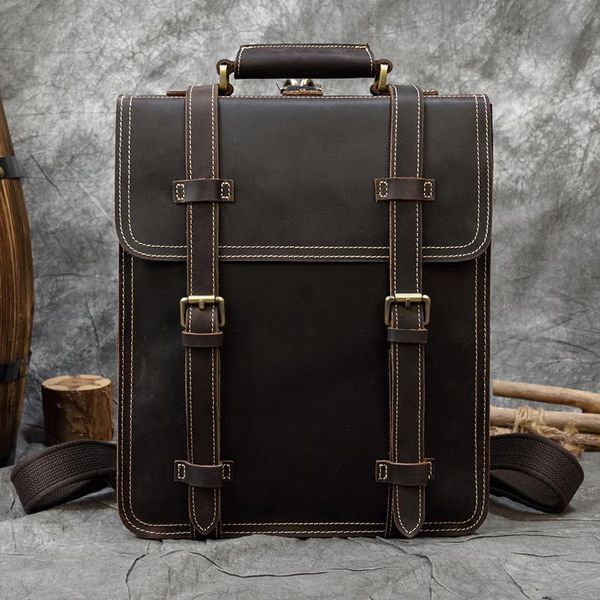 

backpack men's vintage crazy horse leather rucksack 3 interlayer 14" lapbrown genuine thick cow school bag