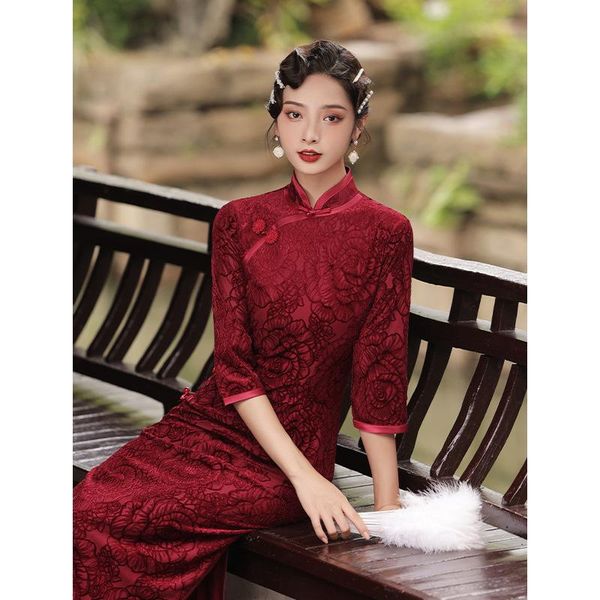 

ethnic clothing winter style rotten velvet cheongsam dress retro improved of old shanghai bridesmaids, Red