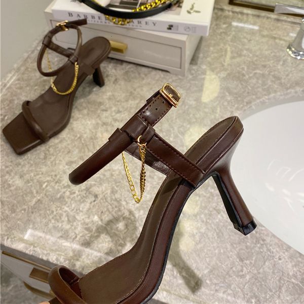 

2021 new fashion metal chain women open square toe white chocolate pu leather comfort sandals ladies shoes m4nb, Black