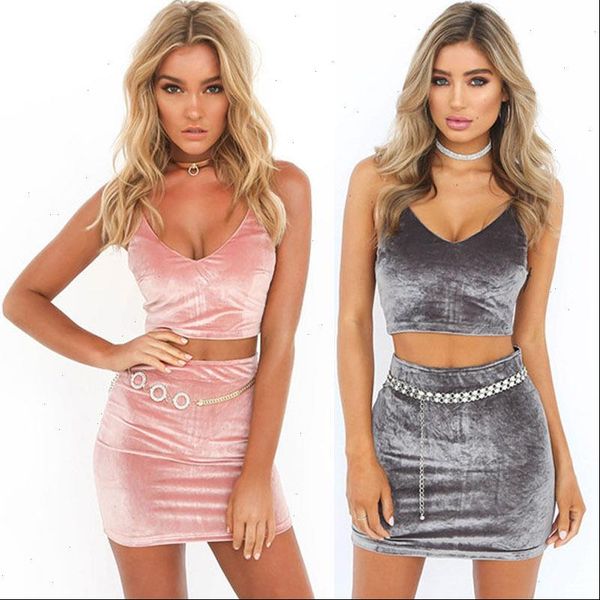 

2021 womens summer bodycon pencil mini skirt set ladies strapless casual crop tank party clubwear velvet clothes set, Black
