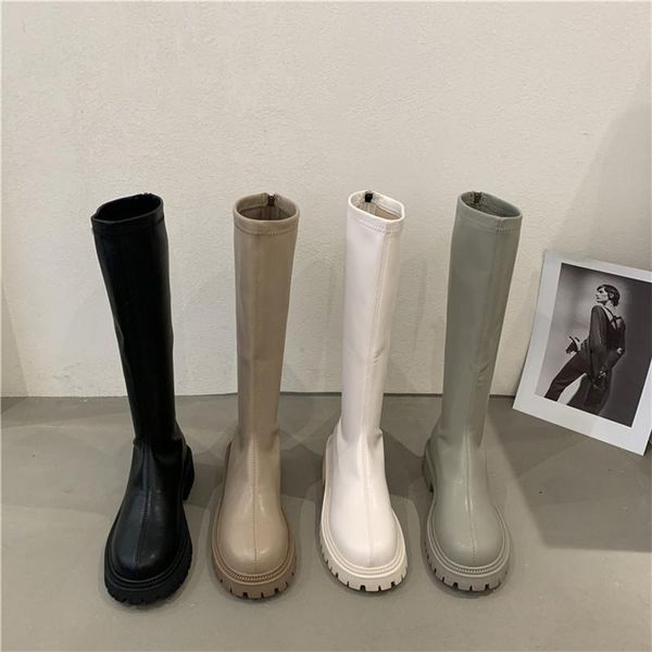 

boots white shoes zipper lolita thigh high heels round toe winter footwear rock rubber med over-the-knee autumn l, Black
