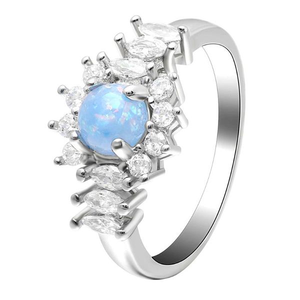 

wedding rings elegant style sky blue color fire opal ring pave clear cz stone beautiful flower emgagement for woman jewelry, Slivery;golden