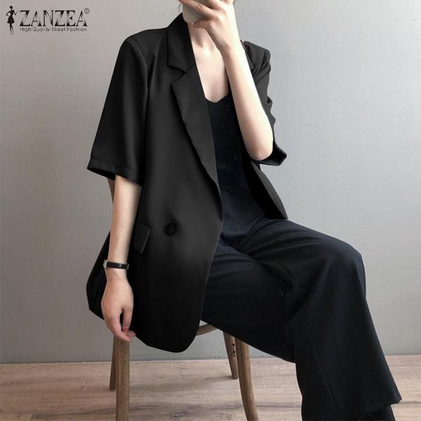 

women's suits & blazers oversized women short sleeve coats zanzea 2021 fashion summer blazer casual single button outwears female solid, White;black