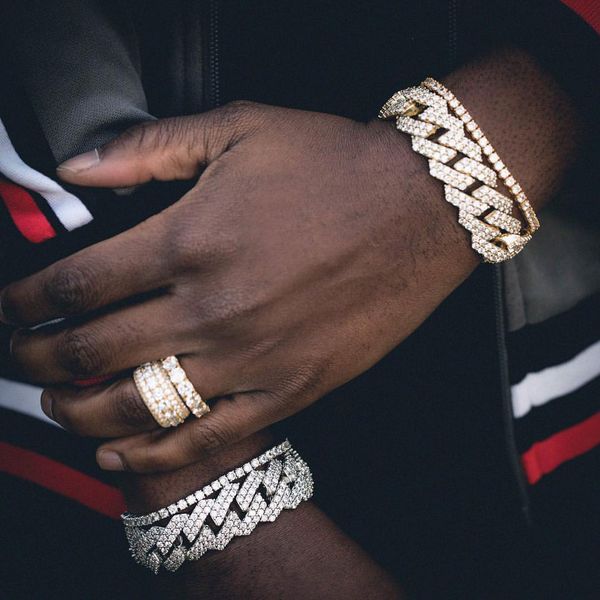 

14mm strip-shaped miami cuban chain full of zircon men's hip-hop bracelets 7inch 8inch, Black